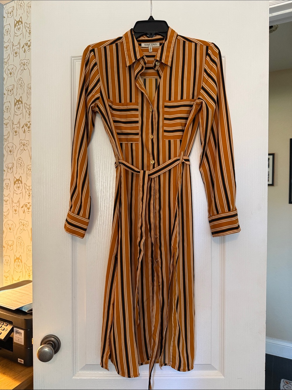 Striped Mustard Long-Sleeve Shirt Dress with Tie Waist